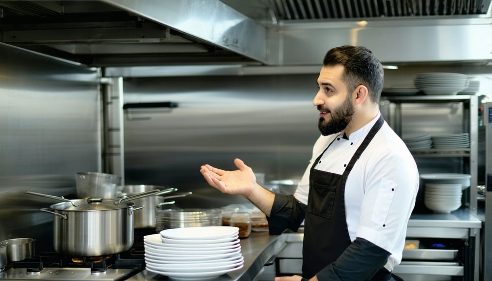 Restaurant owner reviewing new kitchen equipment financed by Equip AI
